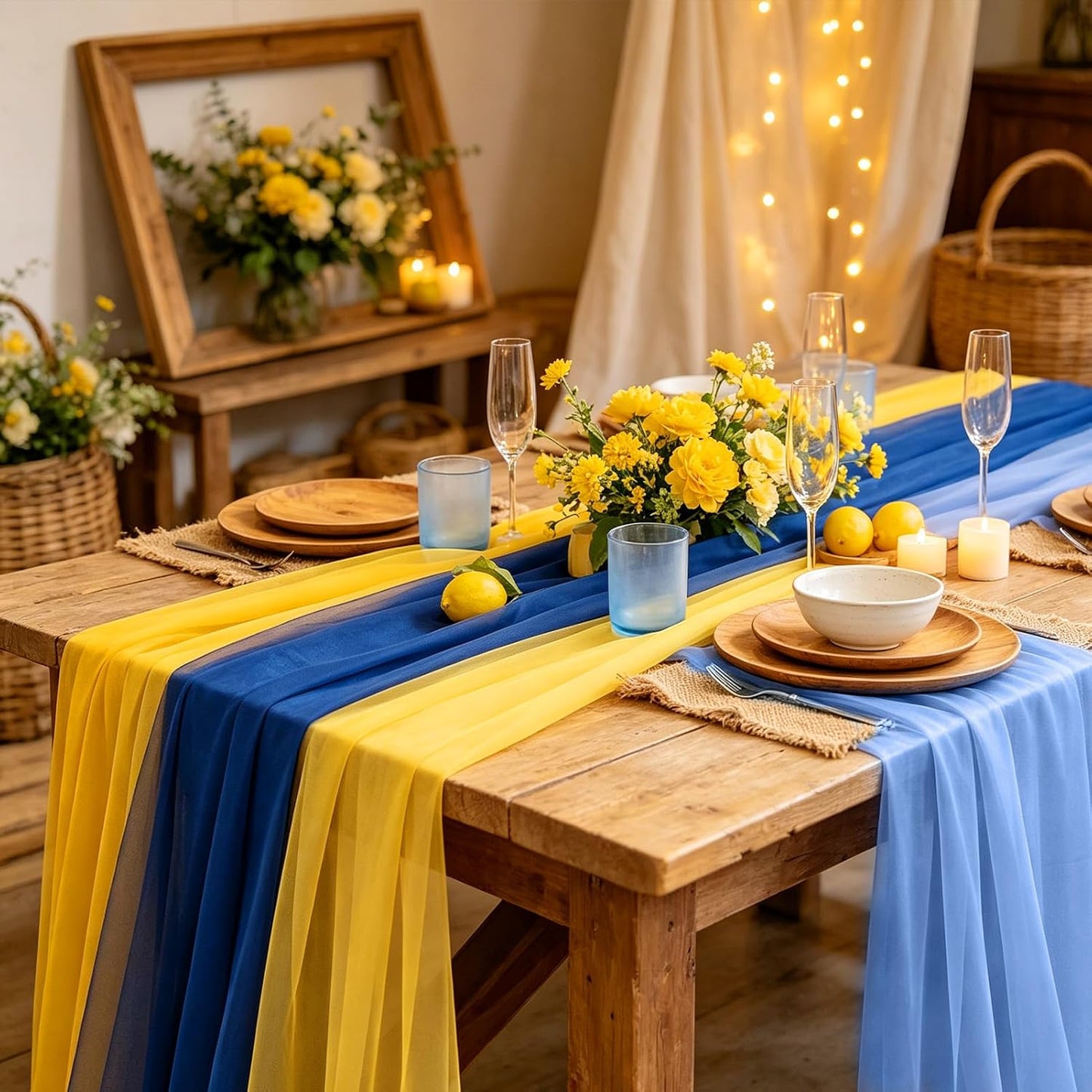 6 Pcs Amalfi Coast Lemon Party Decorations Chiffon Table Runner Cloth Rustic Fabric for Mediterranean Capri Positano Wedding Birthday Bridal Shower Decor