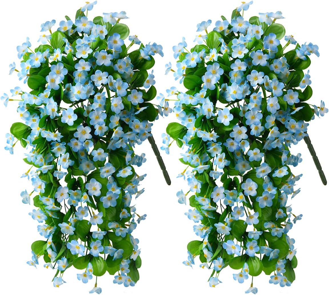 ZFProcess Artificial Fake Hanging Flowers Plants for Outdoor Spring Decoration, 2PCS Faux Silk Violet UV Resistant Look Real Trailing Vines for Outside Home Planter Porch Patio(Blue)