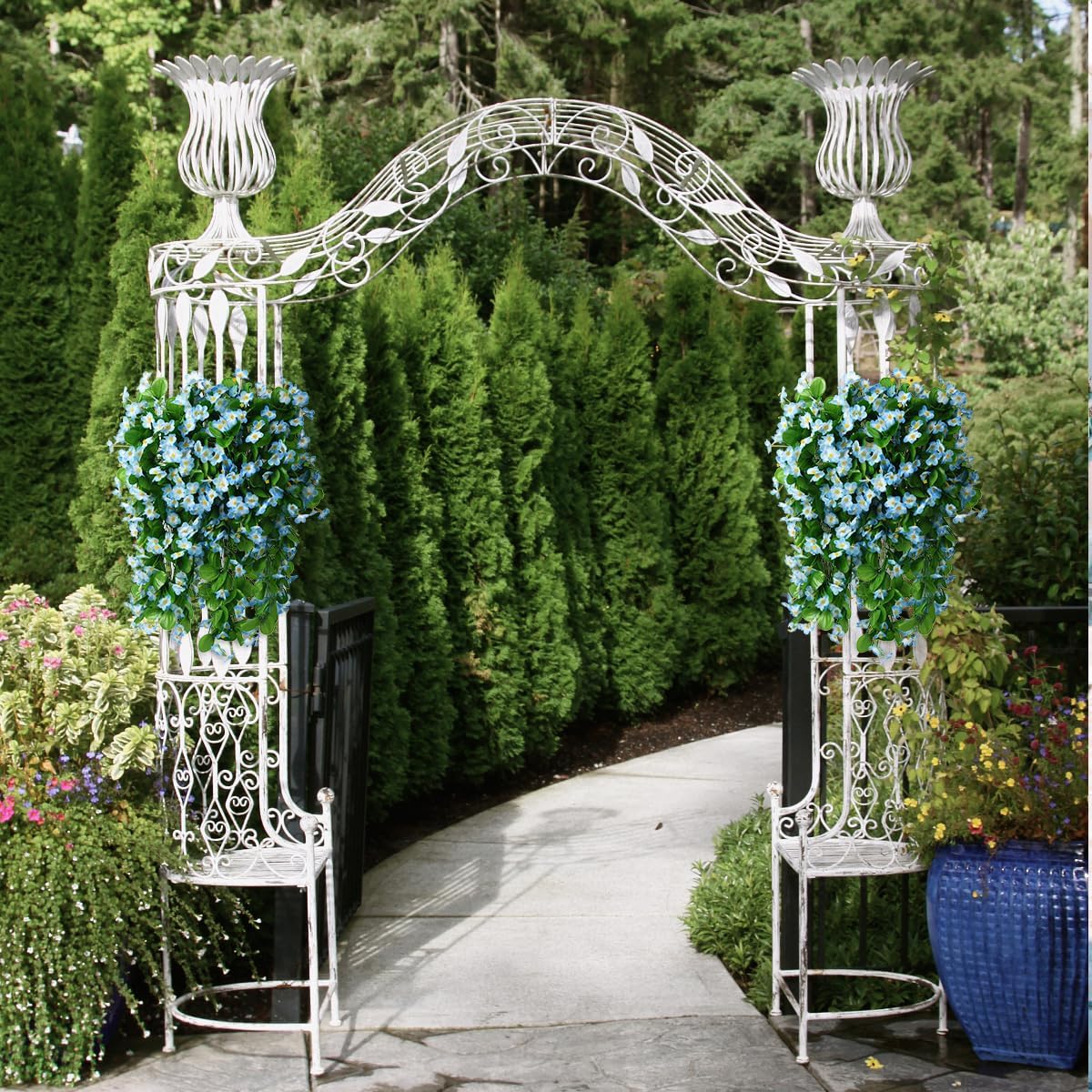 ZFProcess Artificial Fake Hanging Flowers Plants for Outdoor Spring Decoration, 2PCS Faux Silk Violet UV Resistant Look Real Trailing Vines for Outside Home Planter Porch Patio(Blue)