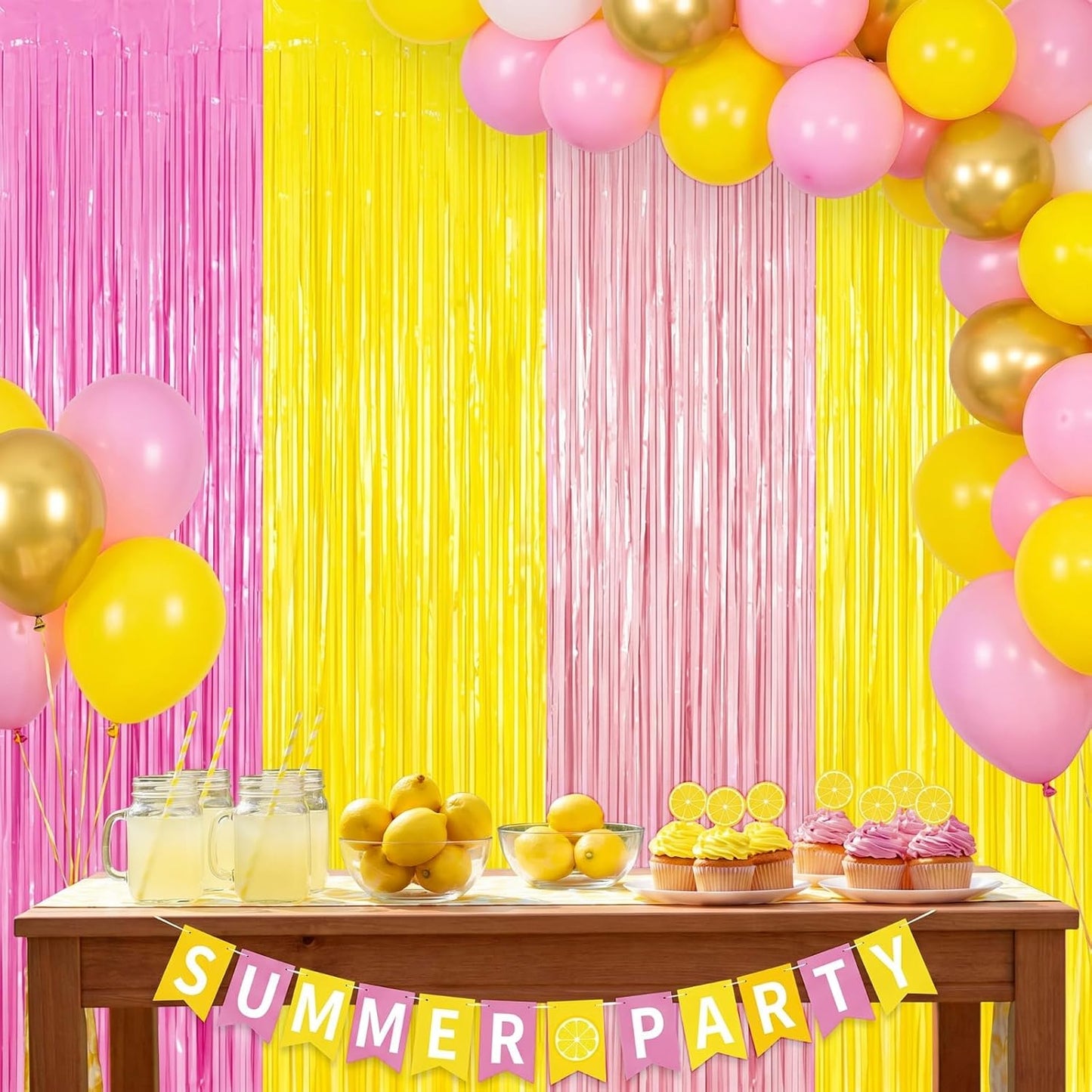 4pcs Pink and Yellow Party Decorations 6.6ft Fringe Curtains Party Decorations Pink and Yellow Backdrop Curtains for Lemon Summer Thanksgiving Bridal Wedding Graduation Backdrop Decor