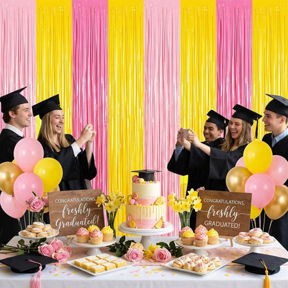 4pcs Pink and Yellow Party Decorations 6.6ft Fringe Curtains Party Decorations Pink and Yellow Backdrop Curtains for Lemon Summer Thanksgiving Bridal Wedding Graduation Backdrop Decor