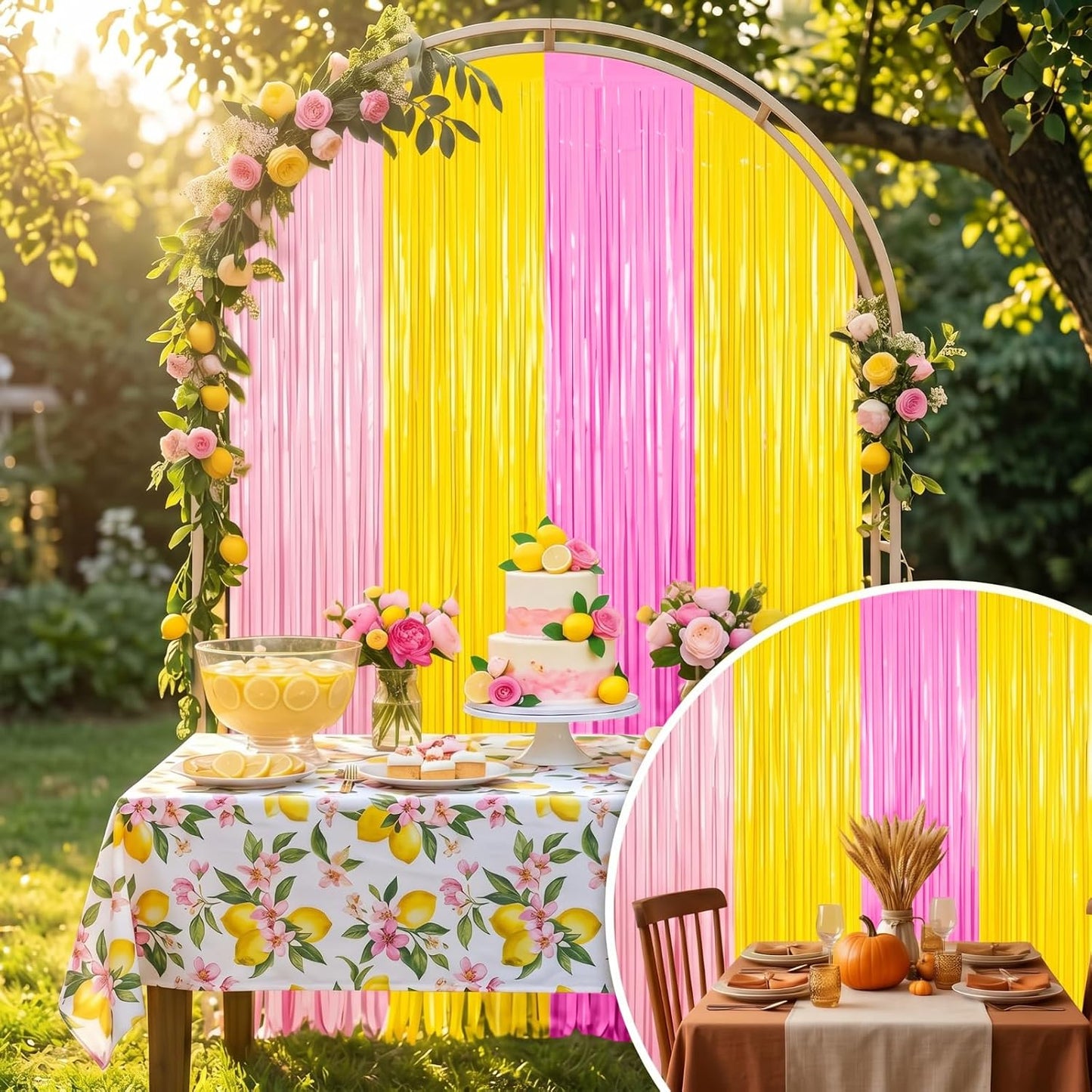 4pcs Pink and Yellow Party Decorations 6.6ft Fringe Curtains Party Decorations Pink and Yellow Backdrop Curtains for Lemon Summer Thanksgiving Bridal Wedding Graduation Backdrop Decor