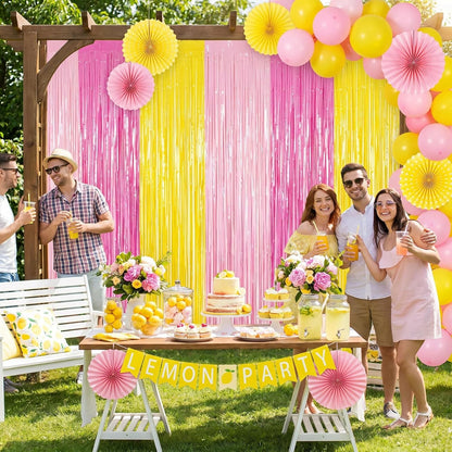 4pcs Pink and Yellow Party Decorations 6.6ft Fringe Curtains Party Decorations Pink and Yellow Backdrop Curtains for Lemon Summer Thanksgiving Bridal Wedding Graduation Backdrop Decor