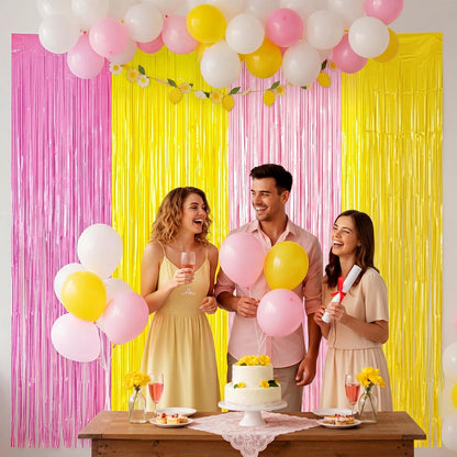 4pcs Pink and Yellow Party Decorations 6.6ft Fringe Curtains Party Decorations Pink and Yellow Backdrop Curtains for Lemon Summer Thanksgiving Bridal Wedding Graduation Backdrop Decor