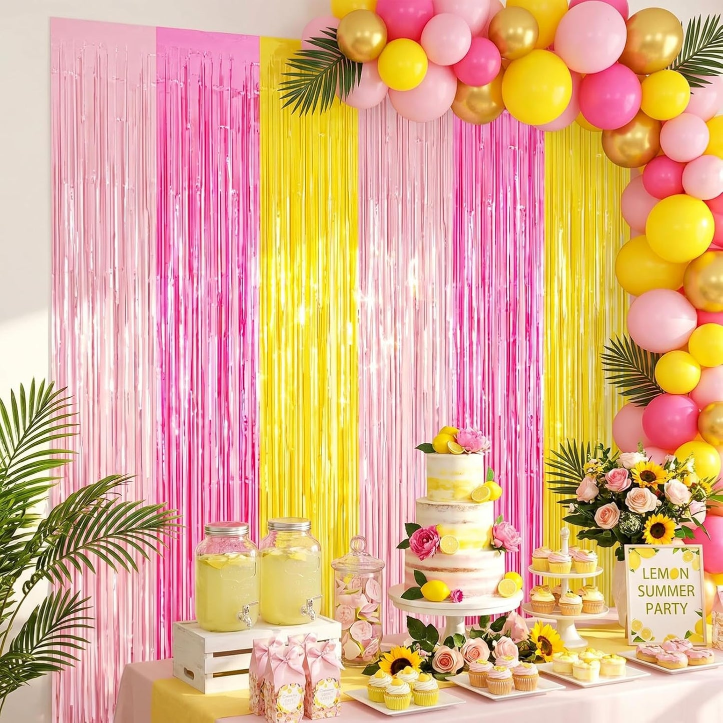 4pcs Pink and Yellow Party Decorations 6.6ft Fringe Curtains Party Decorations Pink and Yellow Backdrop Curtains for Lemon Summer Thanksgiving Bridal Wedding Graduation Backdrop Decor