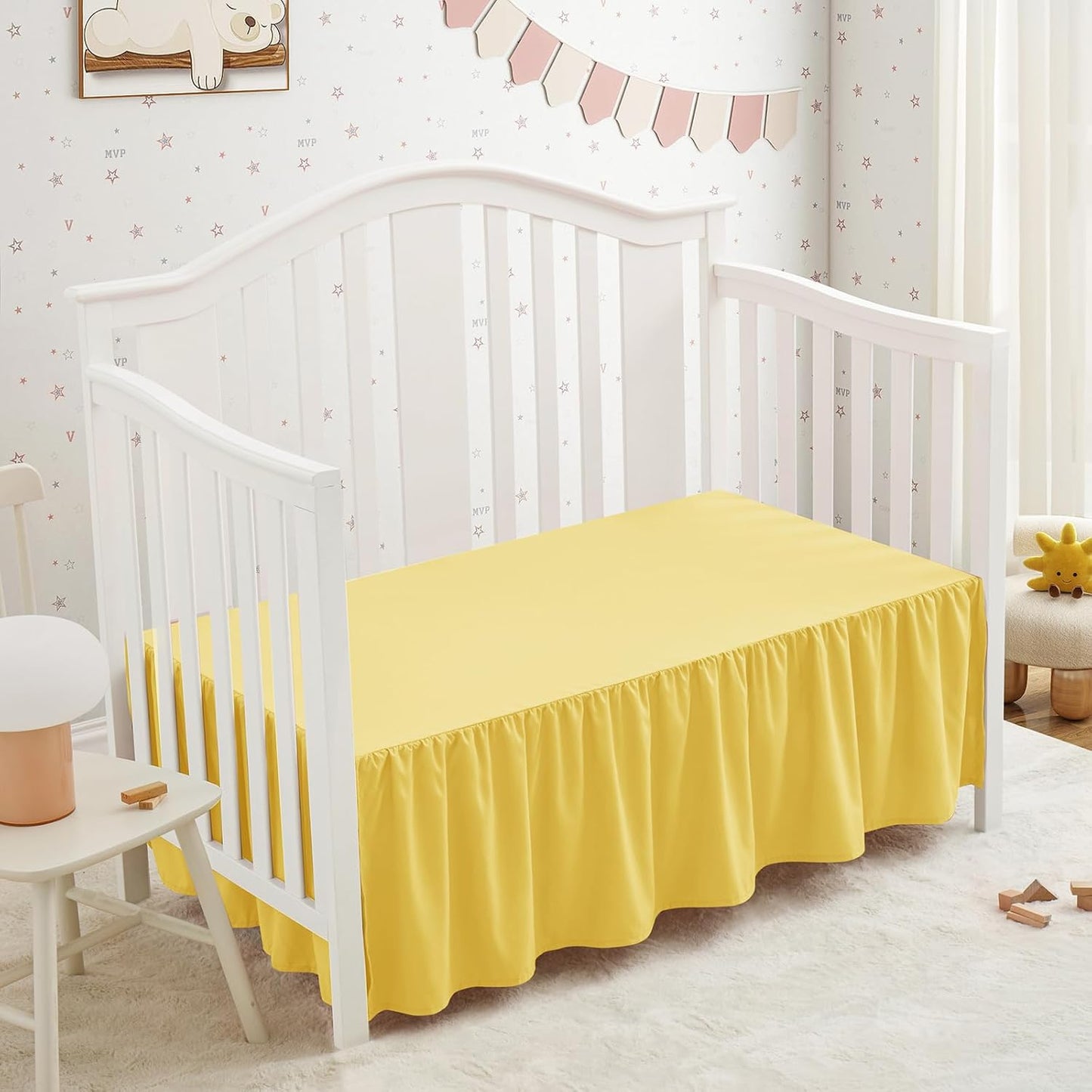 Yellow Crib Skirt Dust Ruffle, Microfiber Crib Bed Skirt 52"x28" with 14" Drop, Durable Full Coverage Toddler Bedskirt Fit for Baby Boys Girls Nursery Standard Crib
