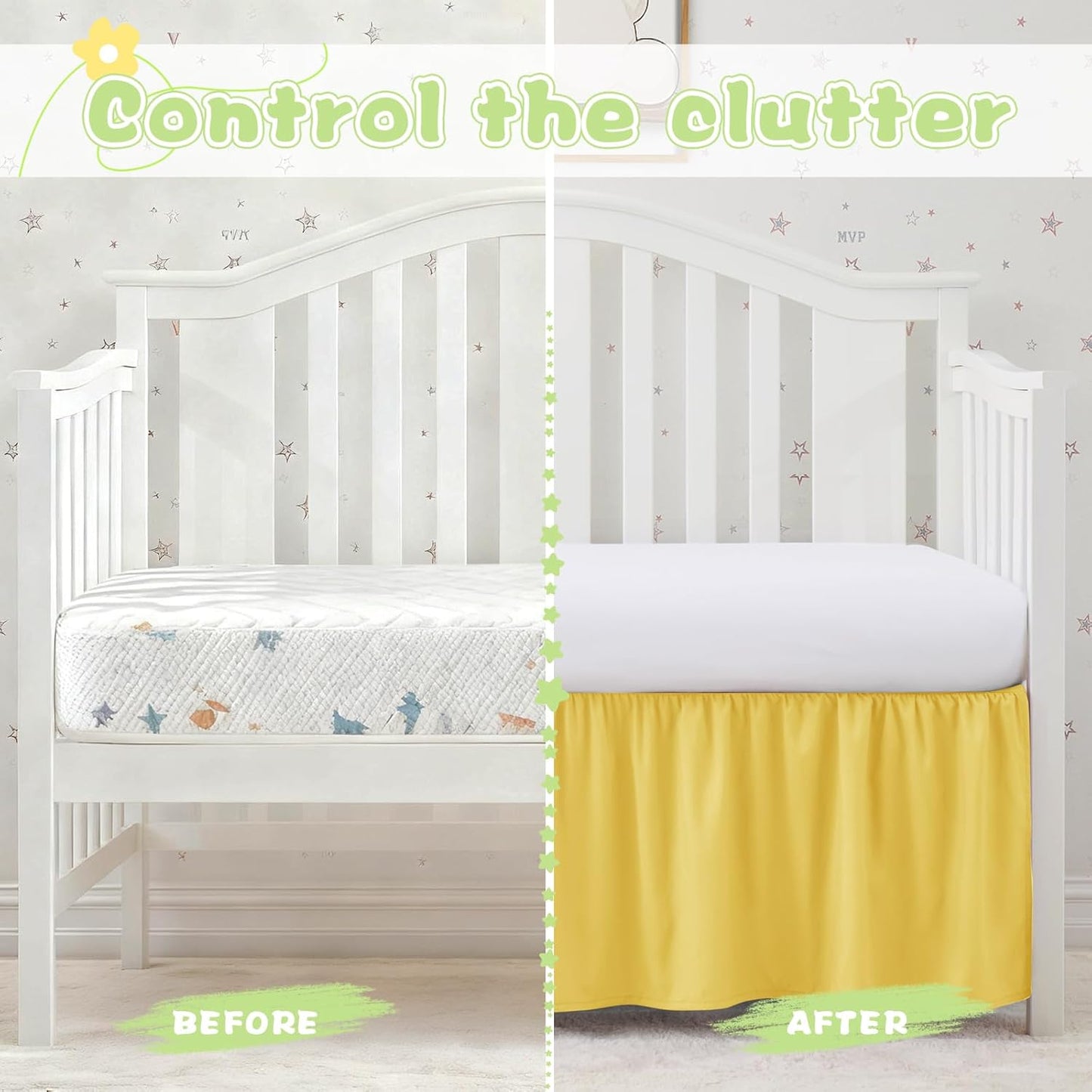 Yellow Crib Skirt Dust Ruffle, Microfiber Crib Bed Skirt 52"x28" with 14" Drop, Durable Full Coverage Toddler Bedskirt Fit for Baby Boys Girls Nursery Standard Crib