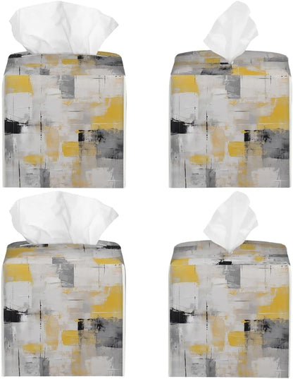 Art Painting Yellow Gray Black Leather Tissue Box Cover, Waterproof PVC Leather Napkin Holder, Decorative Tissue Case for Coffee Table Office Bedroom Kitchen Bathroom Car