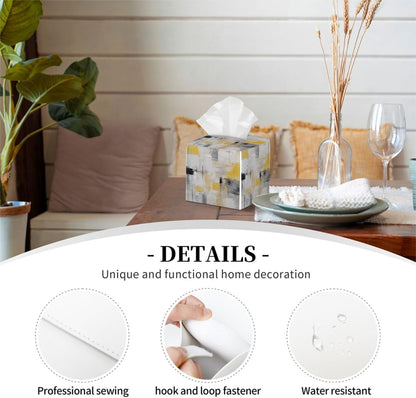 Art Painting Yellow Gray Black Leather Tissue Box Cover, Waterproof PVC Leather Napkin Holder, Decorative Tissue Case for Coffee Table Office Bedroom Kitchen Bathroom Car