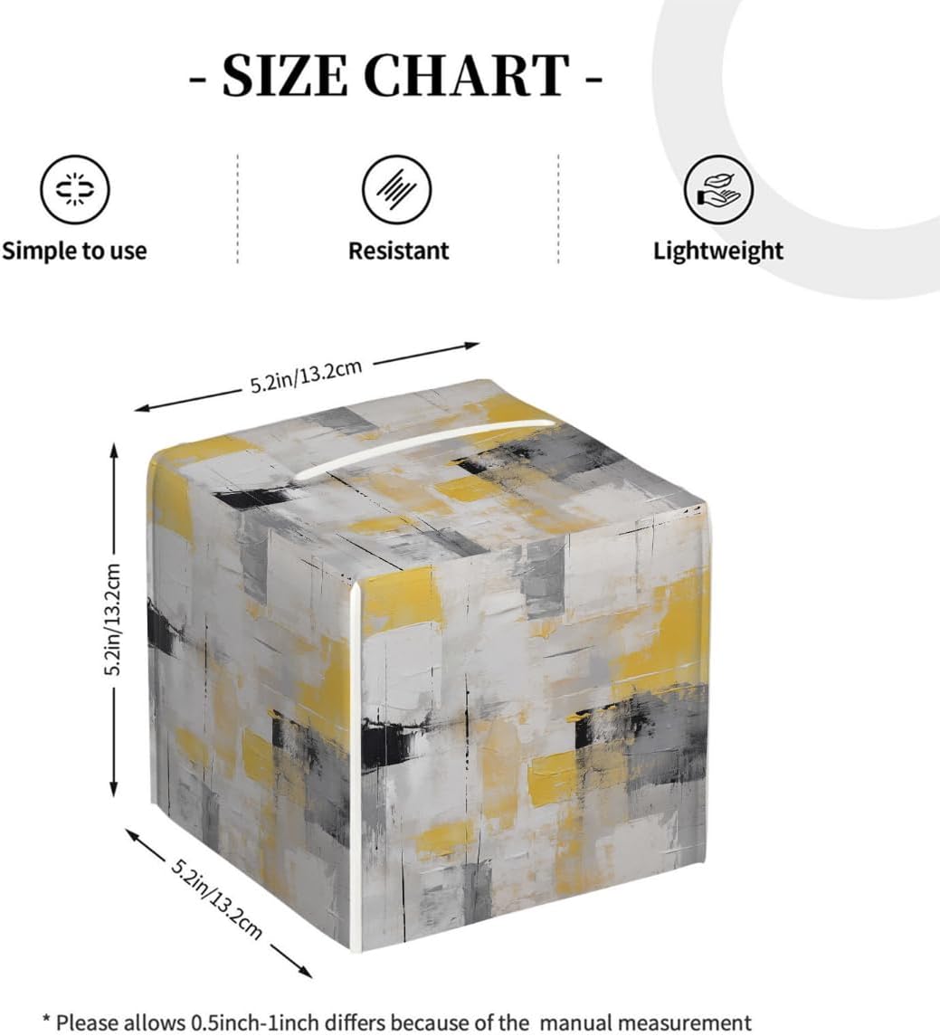 Art Painting Yellow Gray Black Leather Tissue Box Cover, Waterproof PVC Leather Napkin Holder, Decorative Tissue Case for Coffee Table Office Bedroom Kitchen Bathroom Car