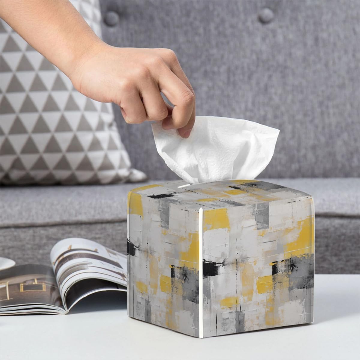 Art Painting Yellow Gray Black Leather Tissue Box Cover, Waterproof PVC Leather Napkin Holder, Decorative Tissue Case for Coffee Table Office Bedroom Kitchen Bathroom Car