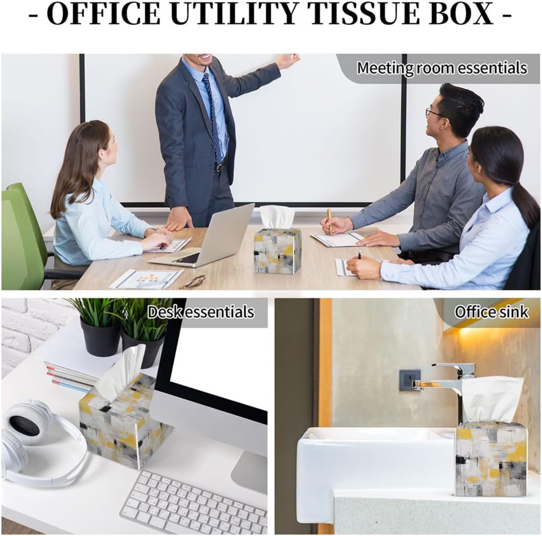 Art Painting Yellow Gray Black Leather Tissue Box Cover, Waterproof PVC Leather Napkin Holder, Decorative Tissue Case for Coffee Table Office Bedroom Kitchen Bathroom Car