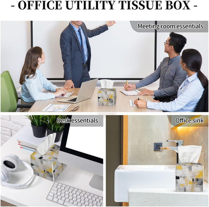 Art Painting Yellow Gray Black Leather Tissue Box Cover, Waterproof PVC Leather Napkin Holder, Decorative Tissue Case for Coffee Table Office Bedroom Kitchen Bathroom Car