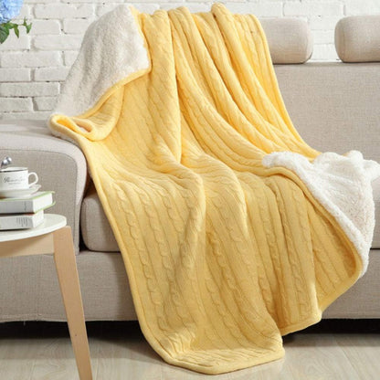 59x79inch Cotton Cable Knit Sherpa Throw Blanket Yellow Cozy Knitted Fleece Blankets for Couch,Sofa,Bed Winter Blanket Photo Prop