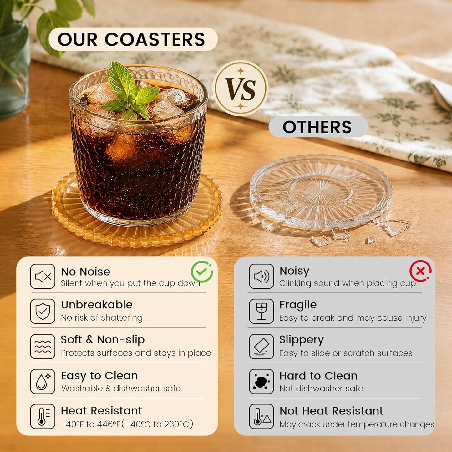 Silicone Coasters for Drinks[4 pcs,No Holder] Dual-Sided Light-Play Design, Non-Stick Cup Covers & Table Mats, Coffee Table Decor, Amber