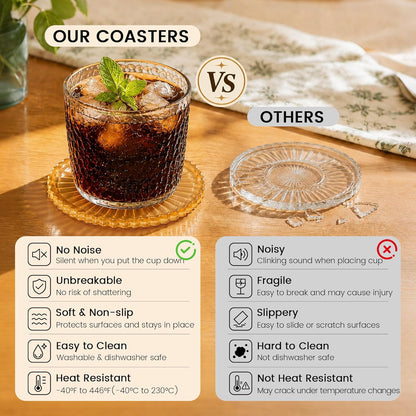 Silicone Coasters for Drinks[4 pcs,No Holder] Dual-Sided Light-Play Design, Non-Stick Cup Covers & Table Mats, Coffee Table Decor, Amber