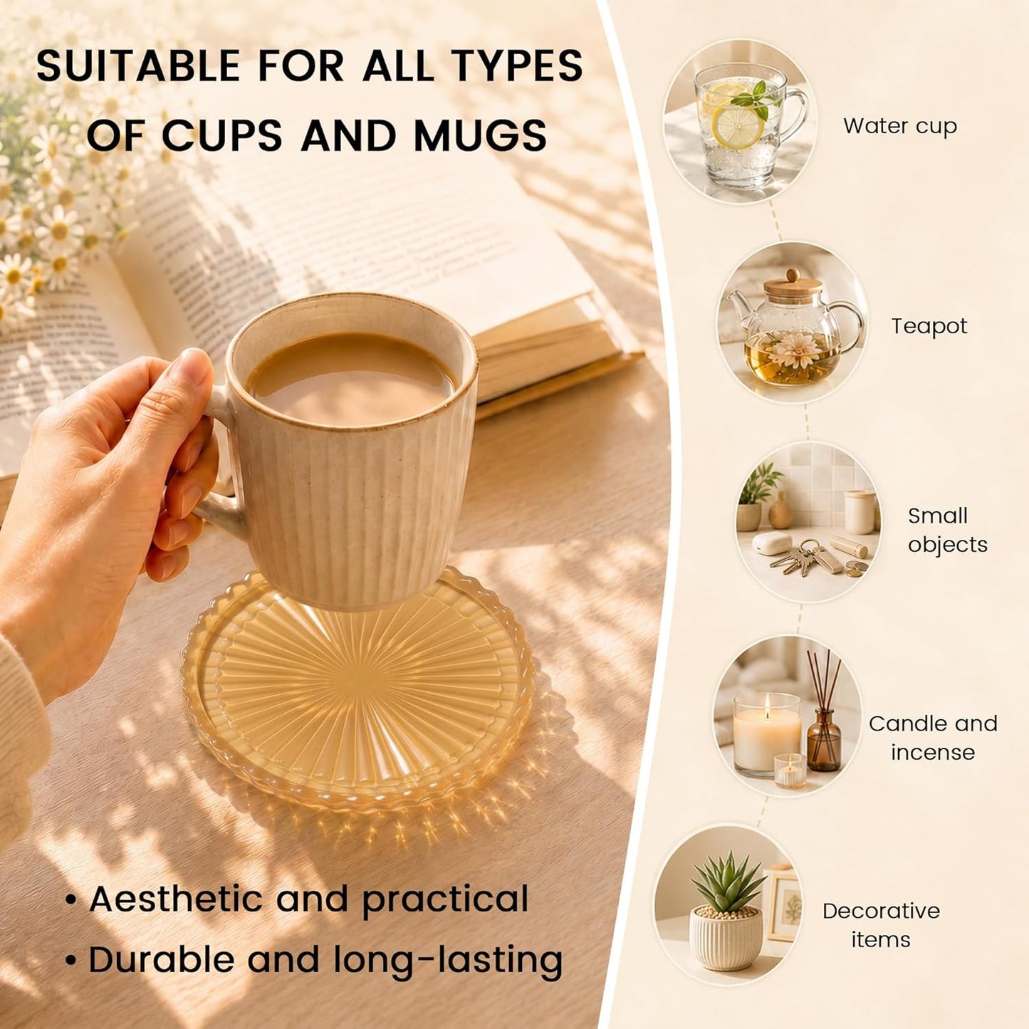 Silicone Coasters for Drinks[4 pcs,No Holder] Dual-Sided Light-Play Design, Non-Stick Cup Covers & Table Mats, Coffee Table Decor, Amber