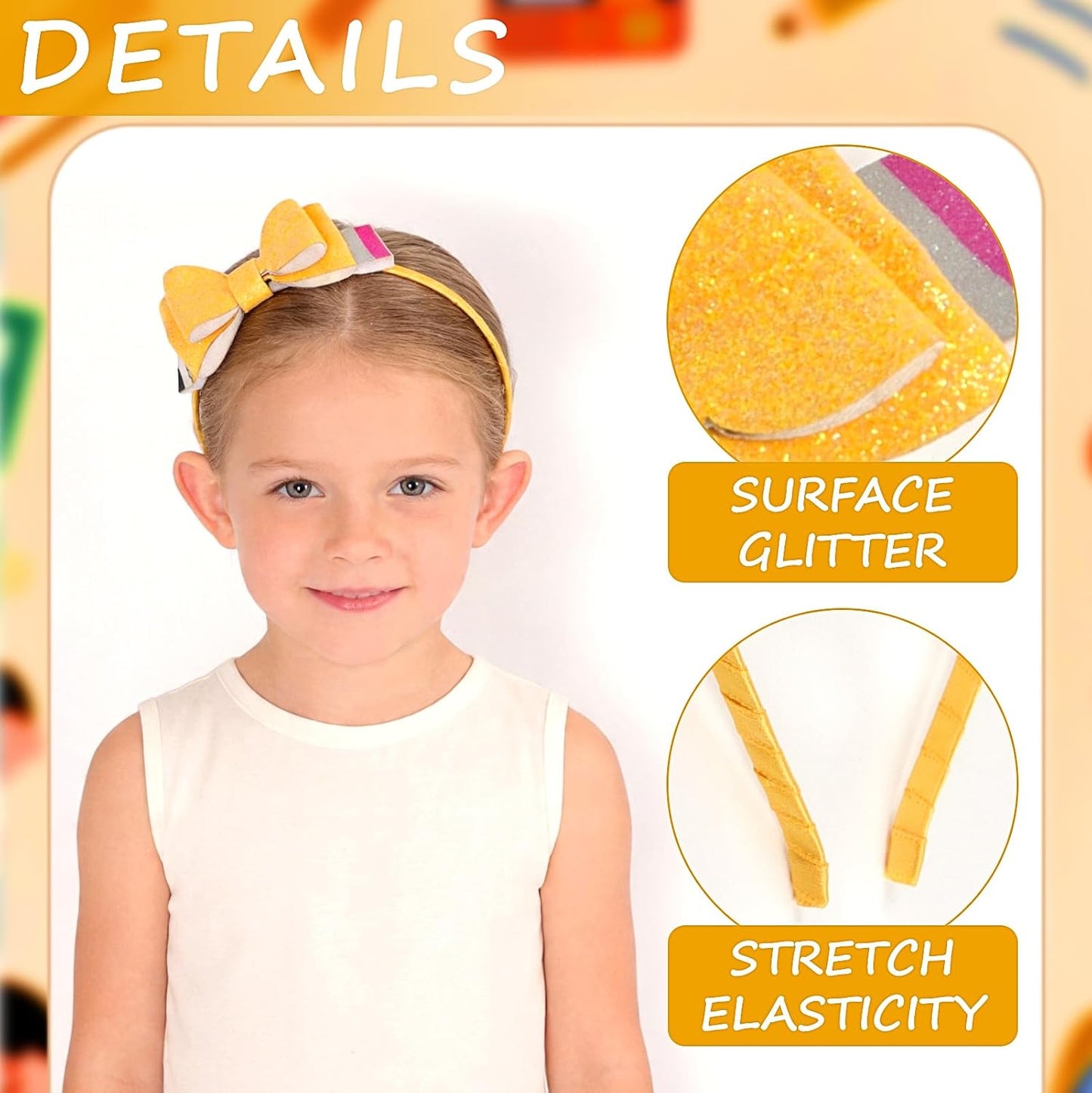 Pencil Bow Headband, Yellow Glitter Bow Hairband for Girls, Back to School Outfit Accessory, The First Day of School Hair Accessories, Cute Pencil Themed Hair Hoop for Teachers&Students