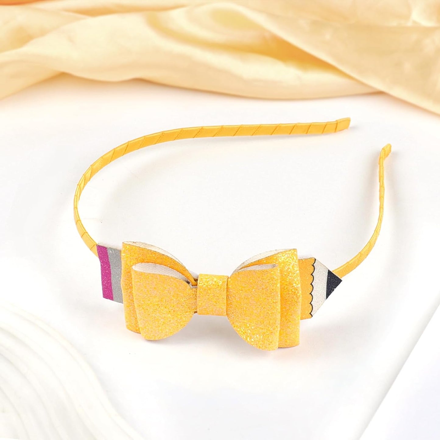 Pencil Bow Headband, Yellow Glitter Bow Hairband for Girls, Back to School Outfit Accessory, The First Day of School Hair Accessories, Cute Pencil Themed Hair Hoop for Teachers&Students