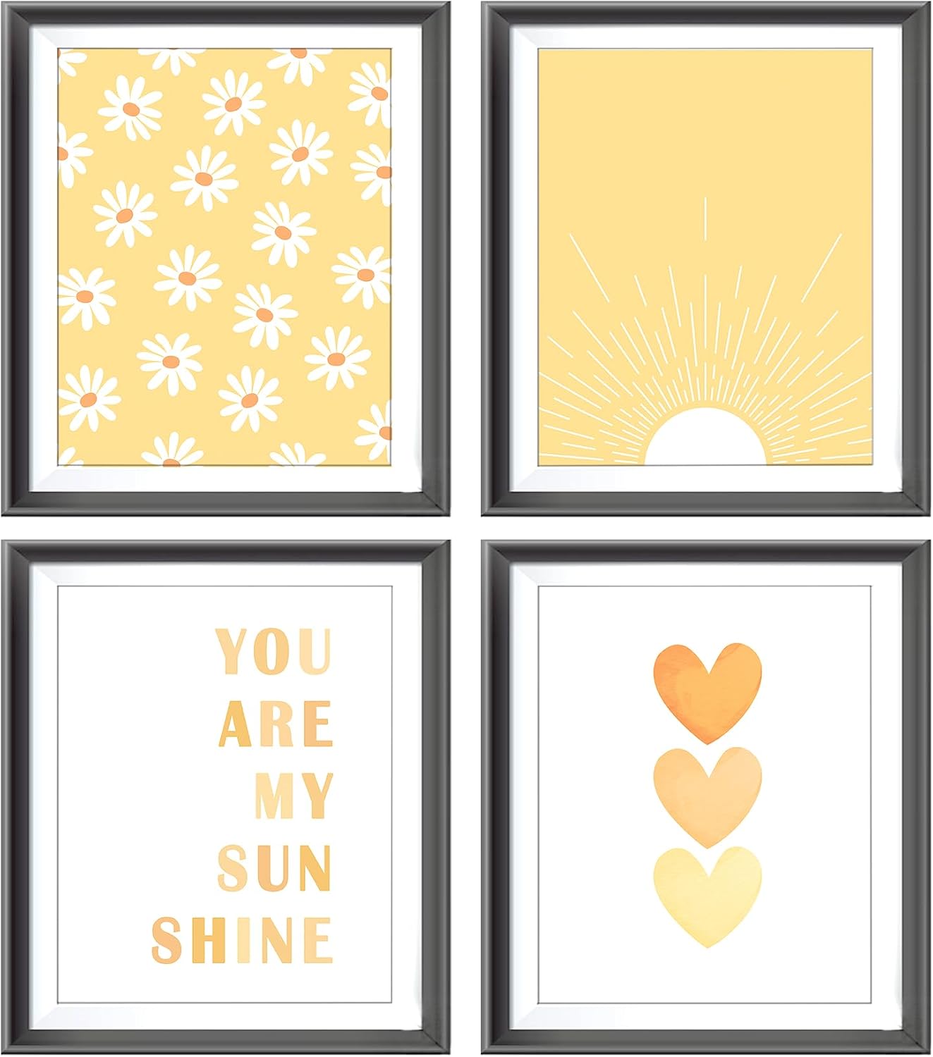 You are My Sunshine Boho Sage Yellow Sun Sunshine Daisy Flower Hearts Poster Prints for Girls Kids Room Nursery Playroom Decor,Inspirational Quote Decorations Prints Wall Art Unframed 4pcs 8x10inches…