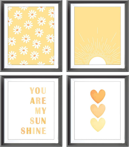 You are My Sunshine Boho Sage Yellow Sun Sunshine Daisy Flower Hearts Poster Prints for Girls Kids Room Nursery Playroom Decor,Inspirational Quote Decorations Prints Wall Art Unframed 4pcs 8x10inches…