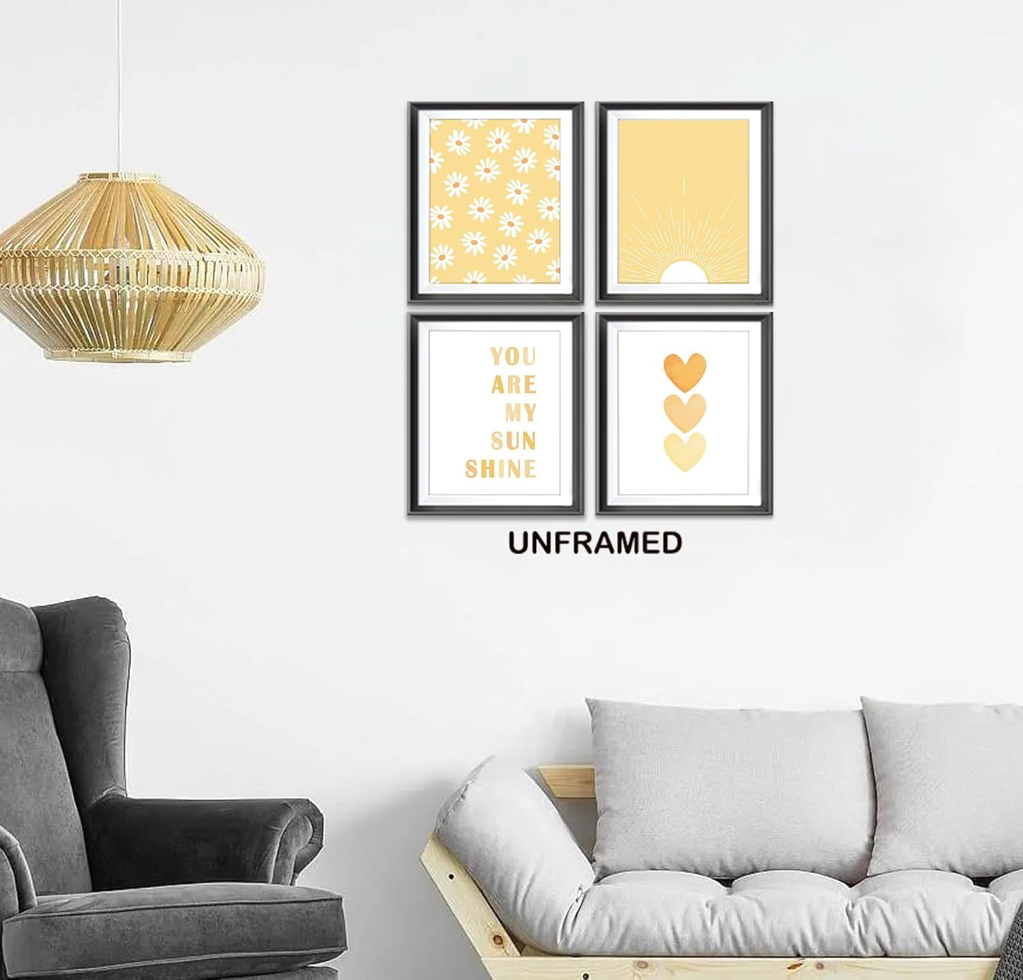 You are My Sunshine Boho Sage Yellow Sun Sunshine Daisy Flower Hearts Poster Prints for Girls Kids Room Nursery Playroom Decor,Inspirational Quote Decorations Prints Wall Art Unframed 4pcs 8x10inches…