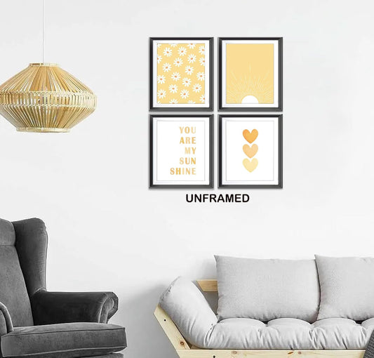 You are My Sunshine Boho Sage Yellow Sun Sunshine Daisy Flower Hearts Poster Prints for Girls Kids Room Nursery Playroom Decor,Inspirational Quote Decorations Prints Wall Art Unframed 4pcs 8x10inches…