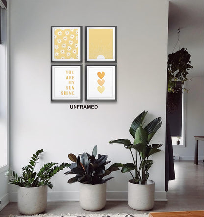 You are My Sunshine Boho Sage Yellow Sun Sunshine Daisy Flower Hearts Poster Prints for Girls Kids Room Nursery Playroom Decor,Inspirational Quote Decorations Prints Wall Art Unframed 4pcs 8x10inches…