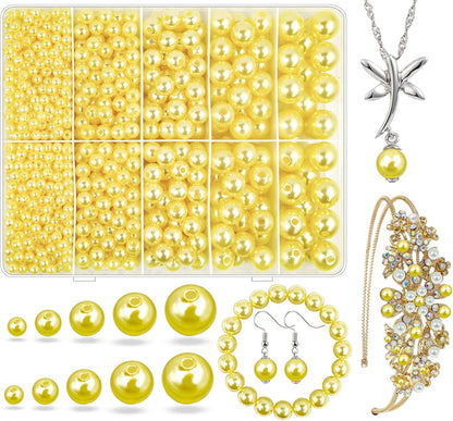 1750pcs Pearl Craft Beads with Hole for Jewelry Making - Yellow 4mm 6mm 8mm 10mm 12mm Loose Spacer Beads for Necklace, Bracelet, Earring, Ring, Choker, Wedding Dress Decor