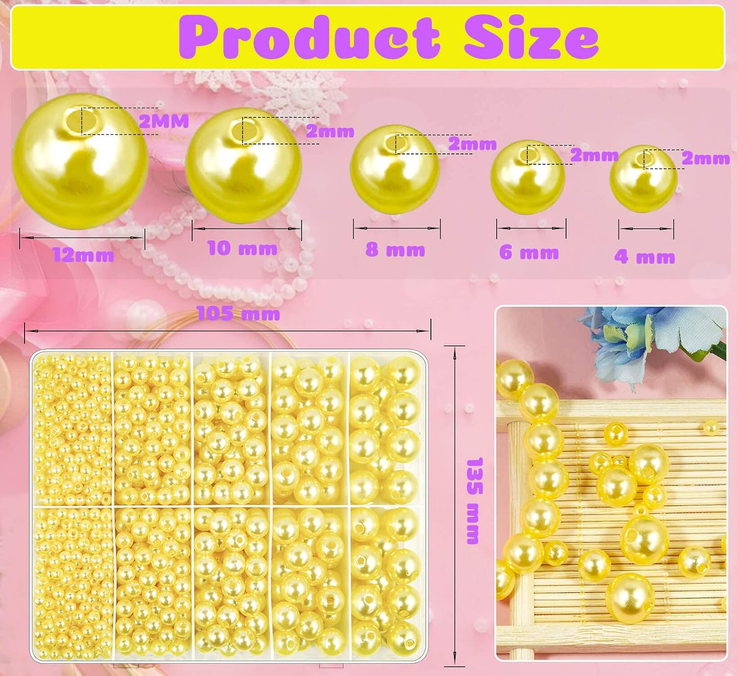 1750pcs Pearl Craft Beads with Hole for Jewelry Making - Yellow 4mm 6mm 8mm 10mm 12mm Loose Spacer Beads for Necklace, Bracelet, Earring, Ring, Choker, Wedding Dress Decor