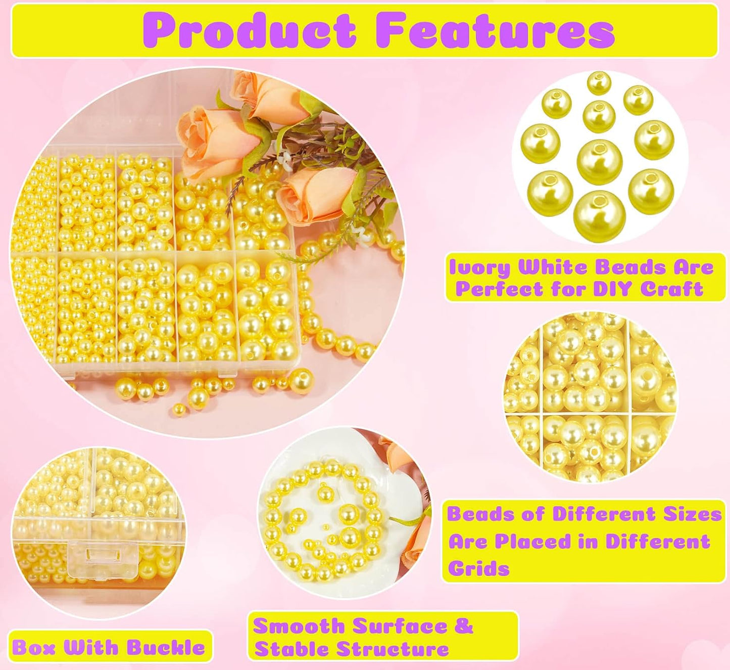 1750pcs Pearl Craft Beads with Hole for Jewelry Making - Yellow 4mm 6mm 8mm 10mm 12mm Loose Spacer Beads for Necklace, Bracelet, Earring, Ring, Choker, Wedding Dress Decor