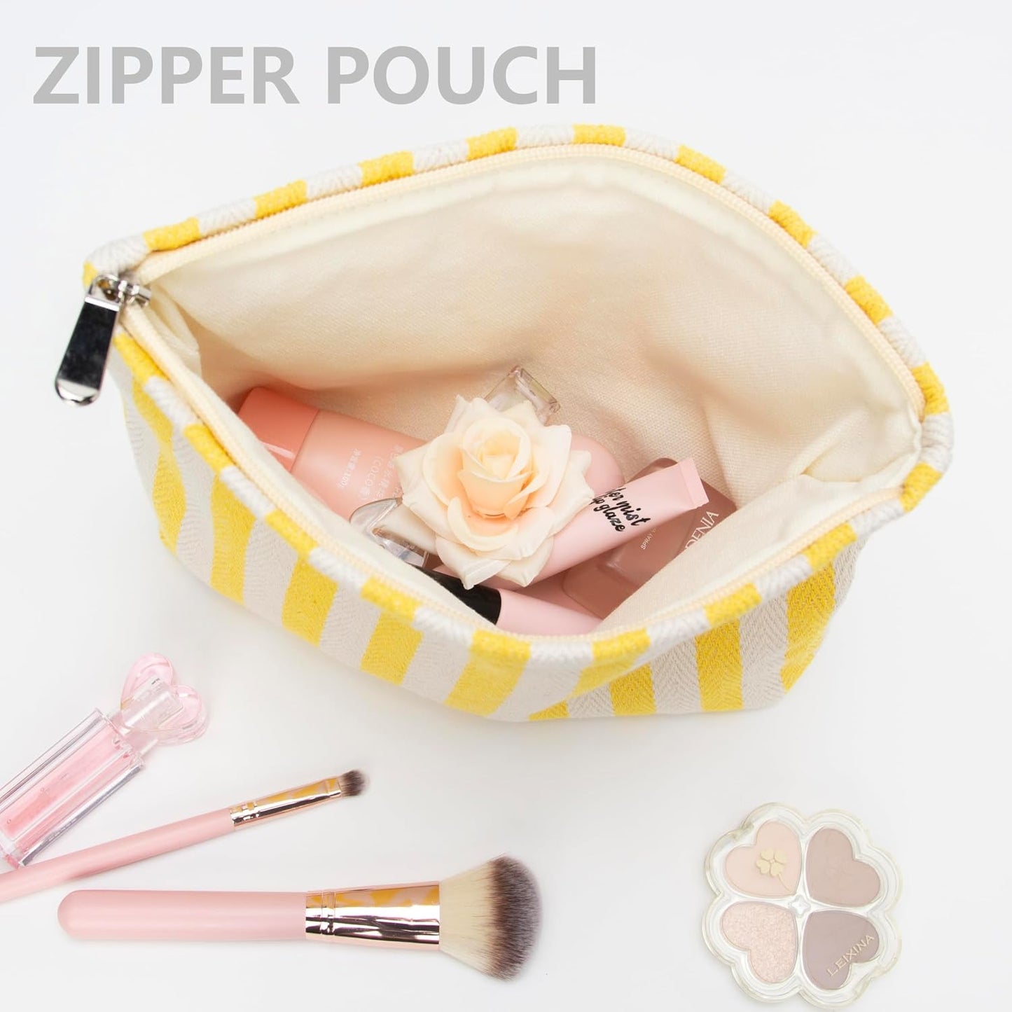Flat Makeup Bag for Women,Zipper Cosmetic Pouch for Purse,Stripe Yellow | Cute Cosmetic Organizer for Makeup,Skincare,Toiletries,Daily Beauty Essentials,Purse,On-the-Go,Bridesmaid Proposal Gifts
