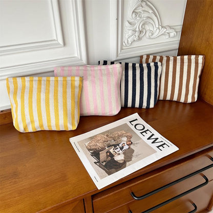 Flat Makeup Bag for Women,Zipper Cosmetic Pouch for Purse,Stripe Yellow | Cute Cosmetic Organizer for Makeup,Skincare,Toiletries,Daily Beauty Essentials,Purse,On-the-Go,Bridesmaid Proposal Gifts