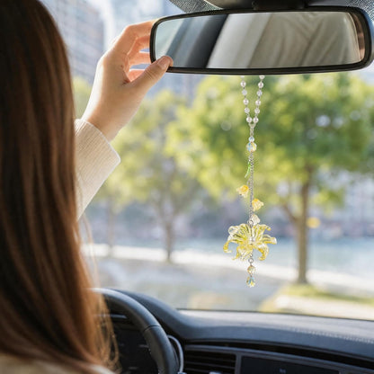 Lily Flower Leaf Car Charm Yellow Summer Waterlily Floral | Glass Resin Design. Features Suncatcher. Rearview Mirror Charm , Car Interior Decoration