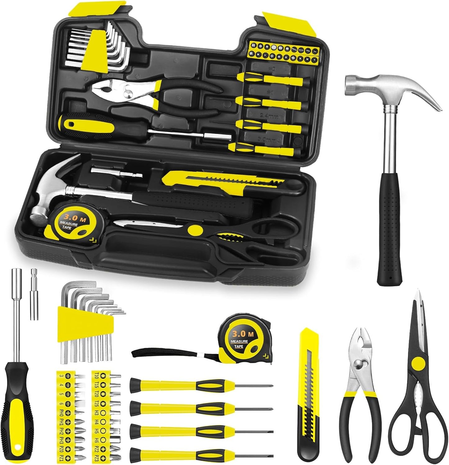 39-Piece Household Tool Kit, Home Tool Set with Plastic Toolbox | Basic Home Tool Set with Storage Case, General Household Hand Tool Kit, Home Garage Office College Dormitory Use, Yellow