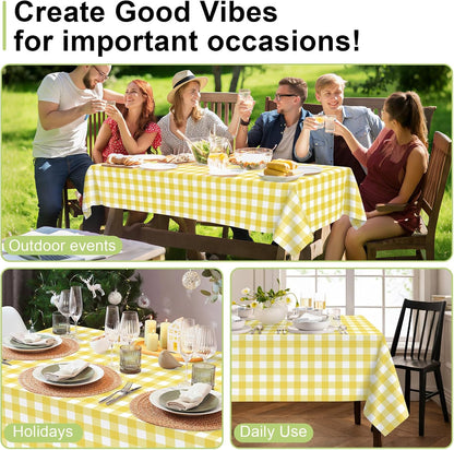 Yellow Gingham Tablecloth Disposable 3 Pack, 54 x 108 Inch Yellow and White Checkered Table Cloth for Easter Decorations, Birthday Party Supplies, Rectangle, Plastic Table Cover