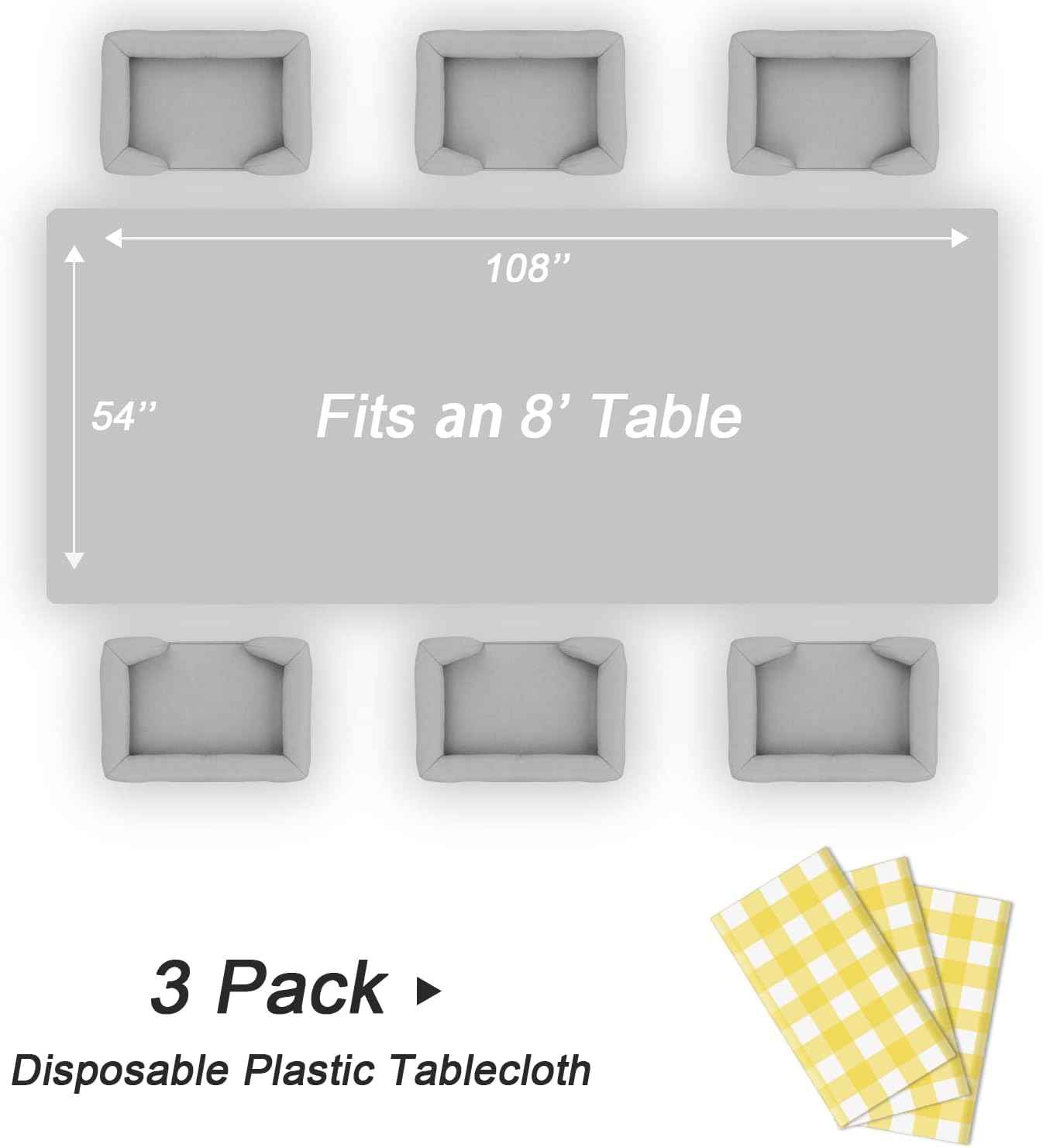Yellow Gingham Tablecloth Disposable 3 Pack, 54 x 108 Inch Yellow and White Checkered Table Cloth for Easter Decorations, Birthday Party Supplies, Rectangle, Plastic Table Cover