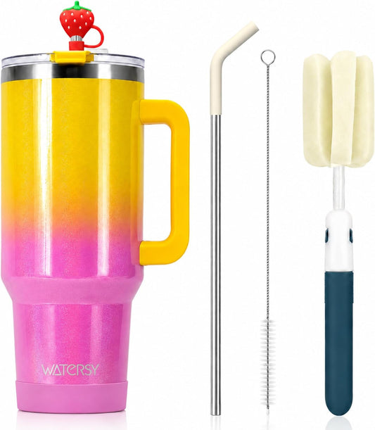 WATERSY 40 oz Tumbler with Straw & Brush, 18/8 SS Insulated Travel Mug (Gradient Yellow)
