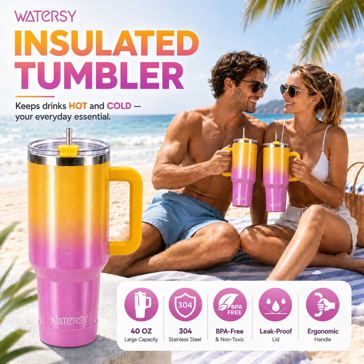 WATERSY 40 oz Tumbler with Straw & Brush, 18/8 SS Insulated Travel Mug (Gradient Yellow)