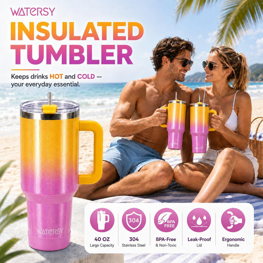 WATERSY 40 oz Tumbler with Straw & Brush, 18/8 SS Insulated Travel Mug (Gradient Yellow)