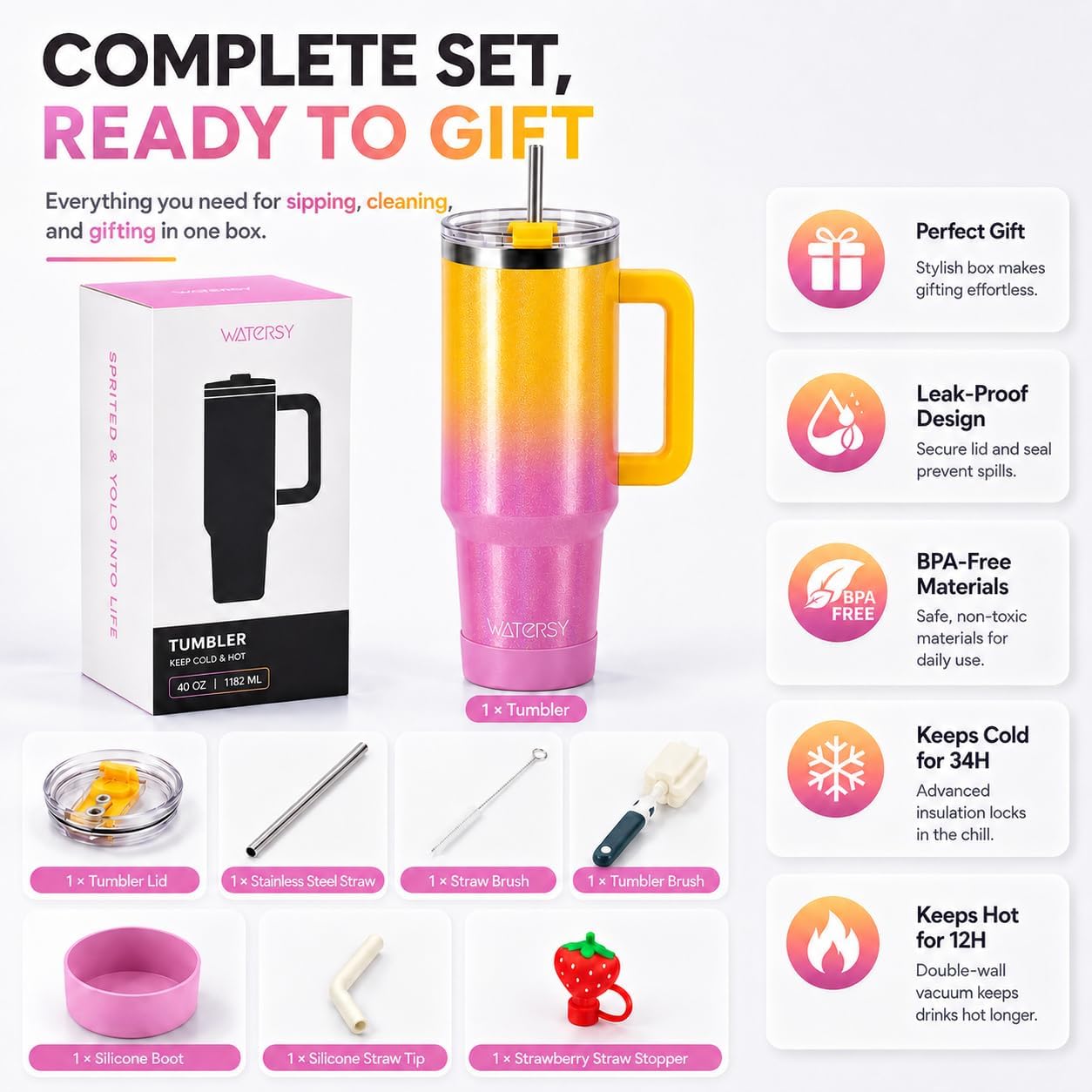 WATERSY 40 oz Tumbler with Straw & Brush, 18/8 SS Insulated Travel Mug (Gradient Yellow)
