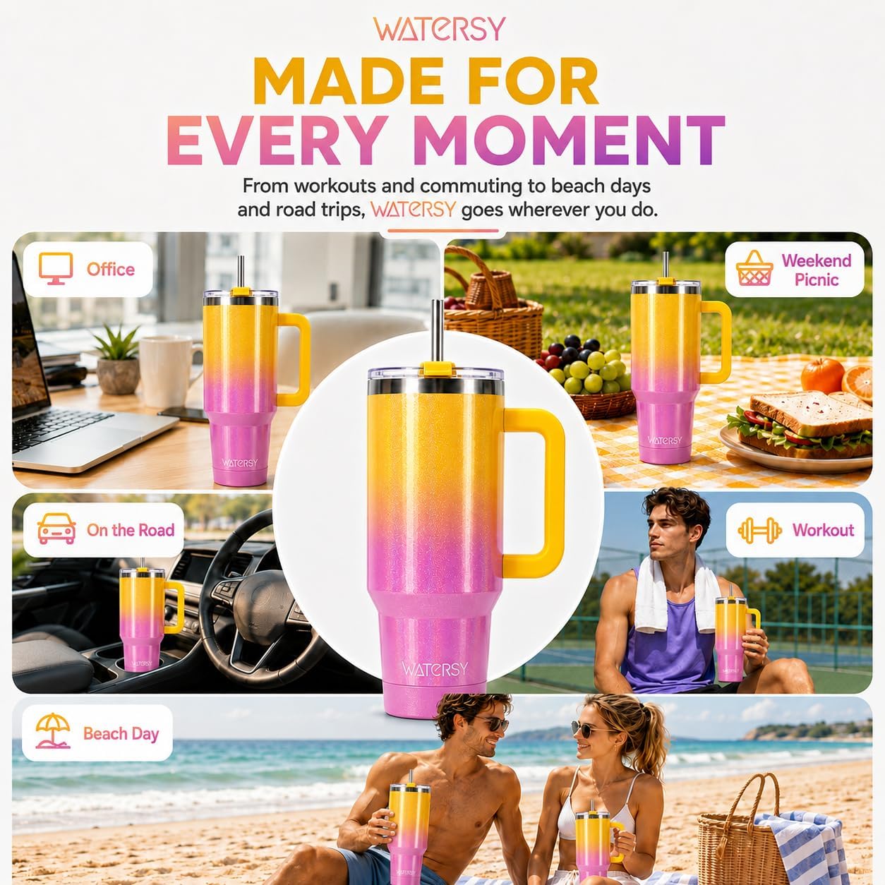 WATERSY 40 oz Tumbler with Straw & Brush, 18/8 SS Insulated Travel Mug (Gradient Yellow)