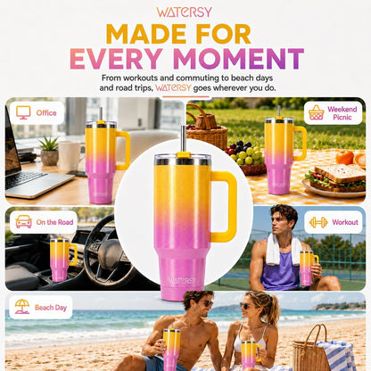 WATERSY 40 oz Tumbler with Straw & Brush, 18/8 SS Insulated Travel Mug (Gradient Yellow)