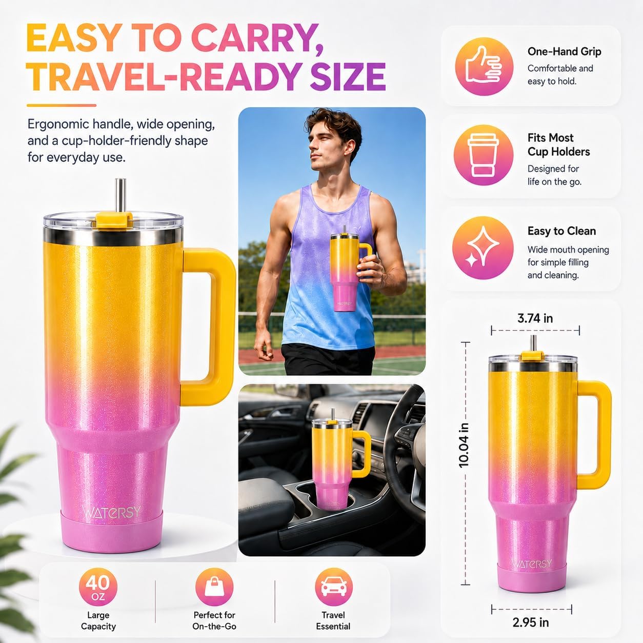 WATERSY 40 oz Tumbler with Straw & Brush, 18/8 SS Insulated Travel Mug (Gradient Yellow)