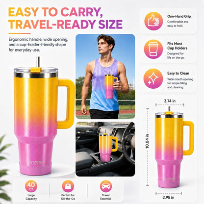 WATERSY 40 oz Tumbler with Straw & Brush, 18/8 SS Insulated Travel Mug (Gradient Yellow)
