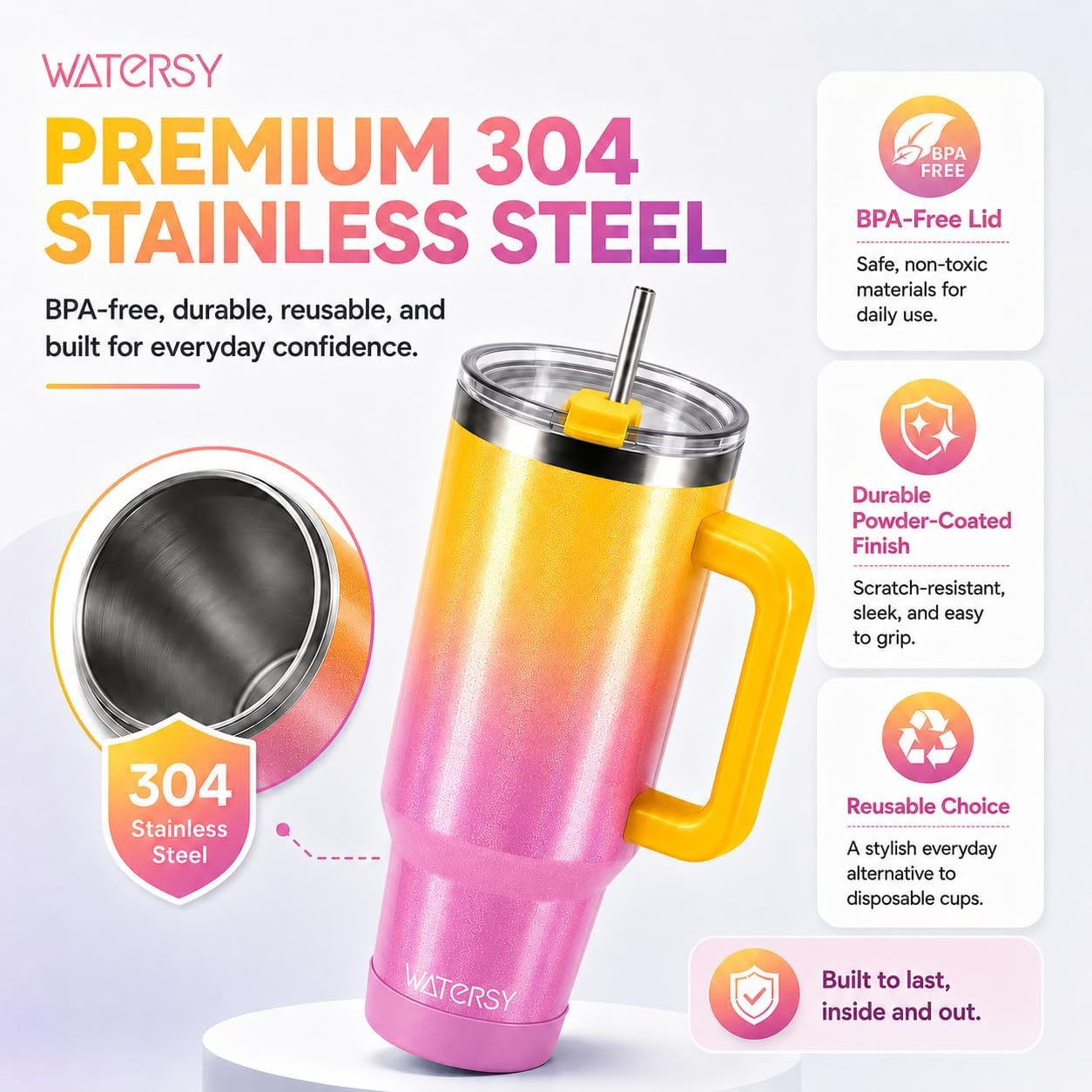 WATERSY 40 oz Tumbler with Straw & Brush, 18/8 SS Insulated Travel Mug (Gradient Yellow)