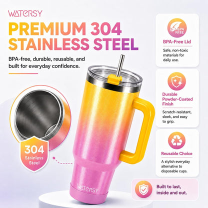 WATERSY 40 oz Tumbler with Straw & Brush, 18/8 SS Insulated Travel Mug (Gradient Yellow)