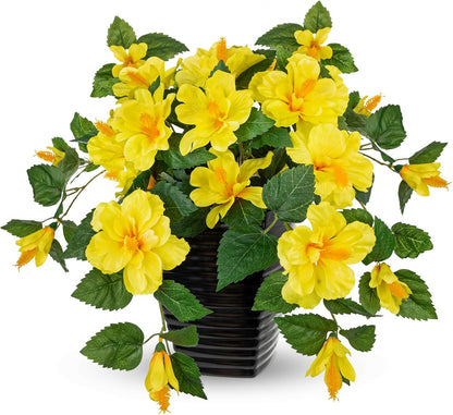 15.7'' Artificial Hibiscus Plant in Tall Black Woven Planter, Tropical Faux Hibiscus Flowers with Cascading Leaves, Small Fake Flower Pot for Bathroom, Entryway Table, Living Room Decor, Yellow