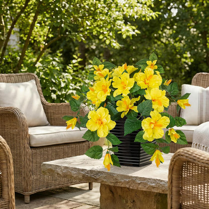 15.7'' Artificial Hibiscus Plant in Tall Black Woven Planter, Tropical Faux Hibiscus Flowers with Cascading Leaves, Small Fake Flower Pot for Bathroom, Entryway Table, Living Room Decor, Yellow