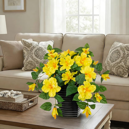 15.7'' Artificial Hibiscus Plant in Tall Black Woven Planter, Tropical Faux Hibiscus Flowers with Cascading Leaves, Small Fake Flower Pot for Bathroom, Entryway Table, Living Room Decor, Yellow